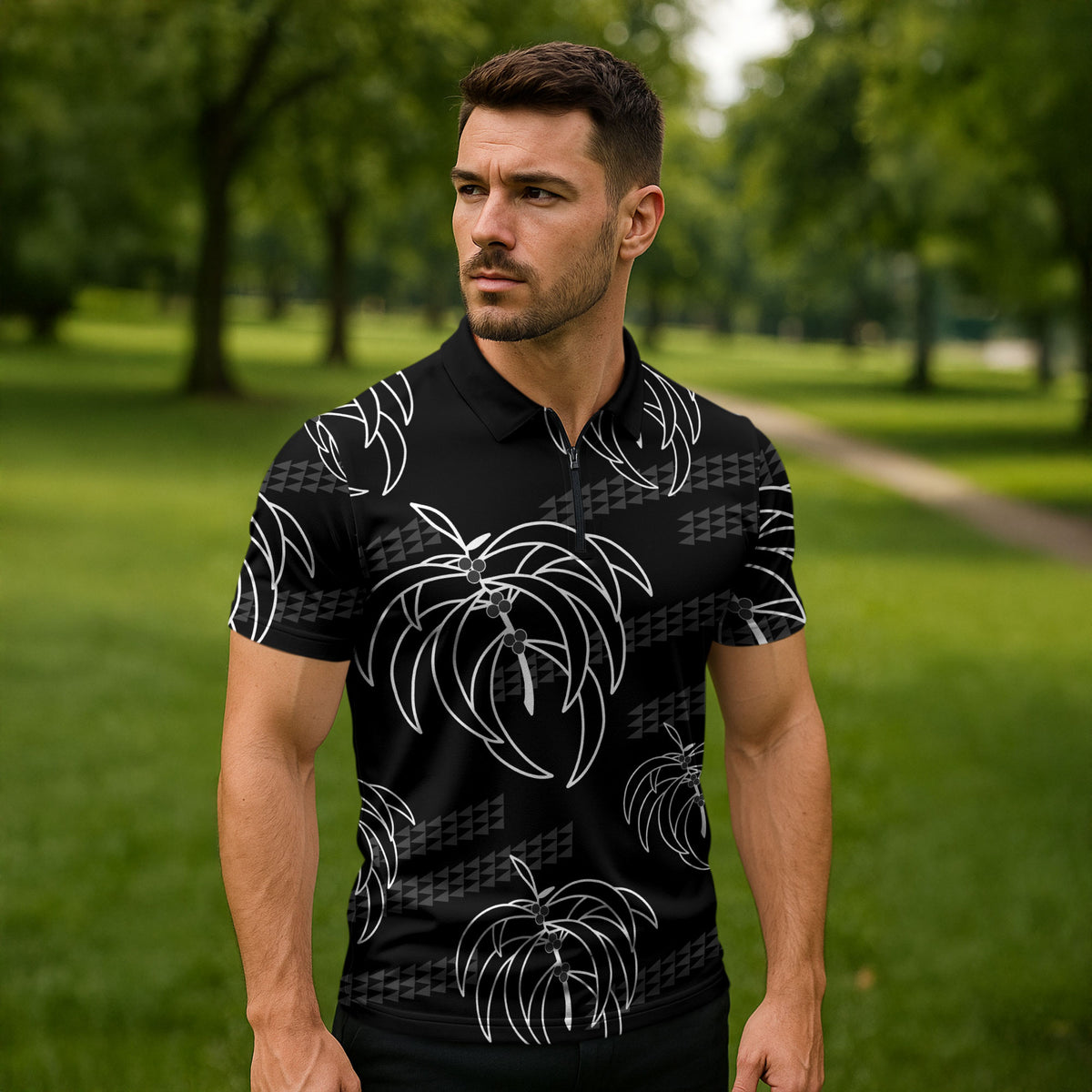 Aloha Hawaii Acacia Koa Leaves Zipper Polo Shirt Black Kakau Tribal Pattern LT05 - Polynesian Pride