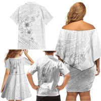 Lotu Tamaiti Samoa Family Matching Off Shoulder Short Dress and Hawaiian Shirt White Sunday Polynesian Tribal Pattern Elegant Style