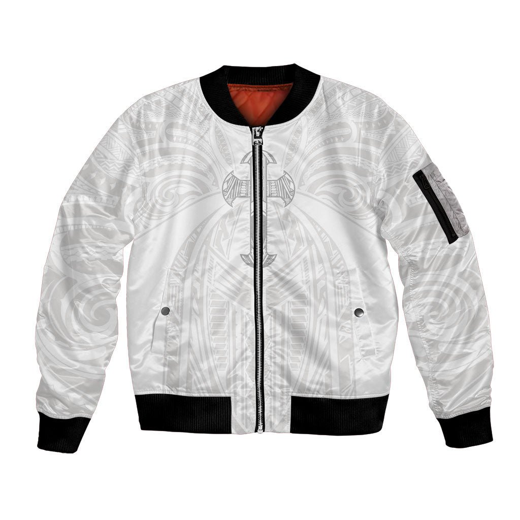 Samoa Christian Sleeve Zip Bomber Jacket Rooted In Christ Polynesian Cross LT05 Unisex White - Polynesian Pride