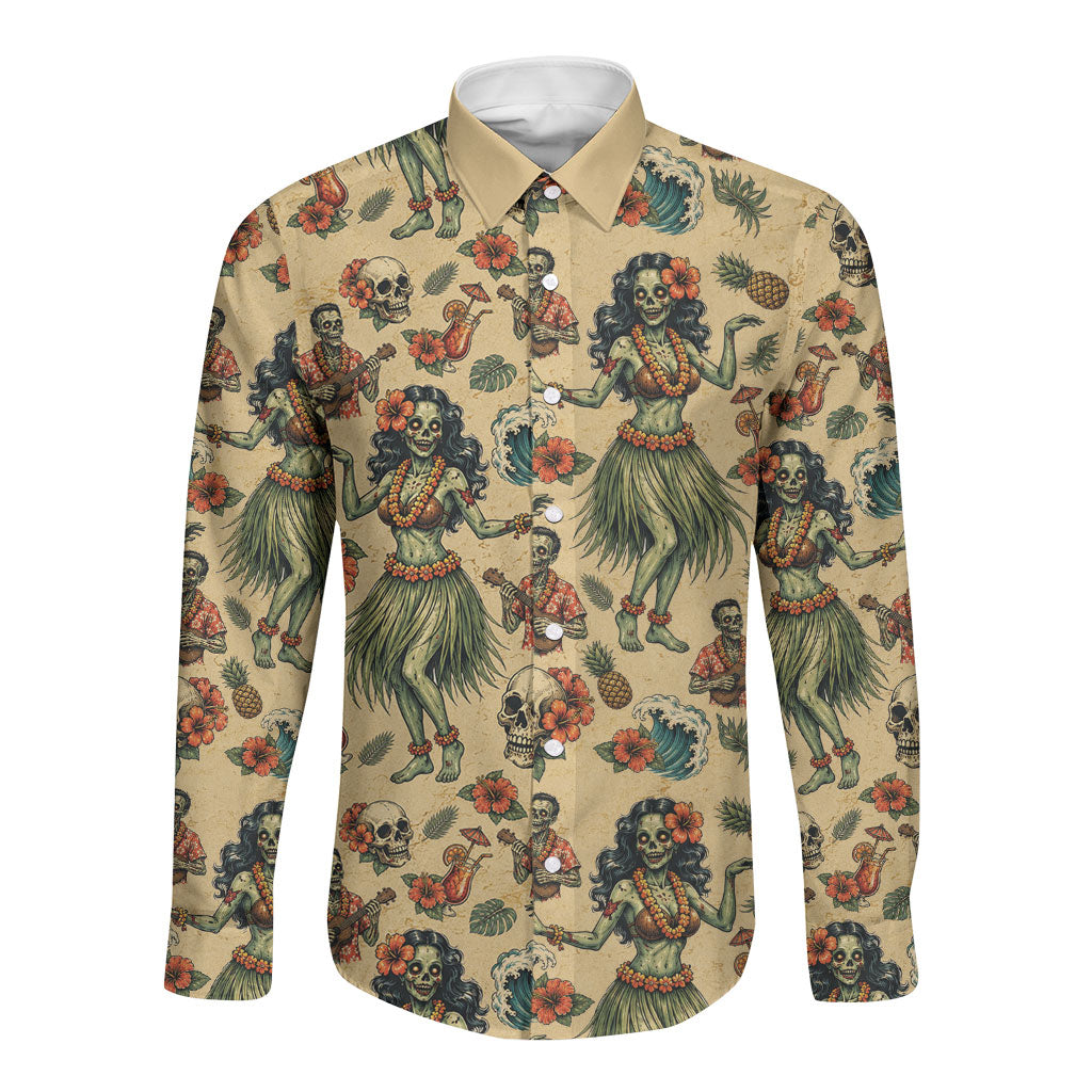 Hawaii Halloween Long Sleeve Button Shirt Spooky Tropical Hula Zombie LT05 Unisex Beige - Polynesian Pride