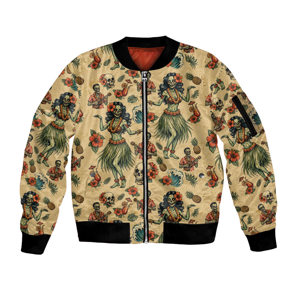 Hawaii Halloween Sleeve Zip Bomber Jacket Spooky Tropical Hula Zombie LT05 Unisex Beige - Polynesian Pride