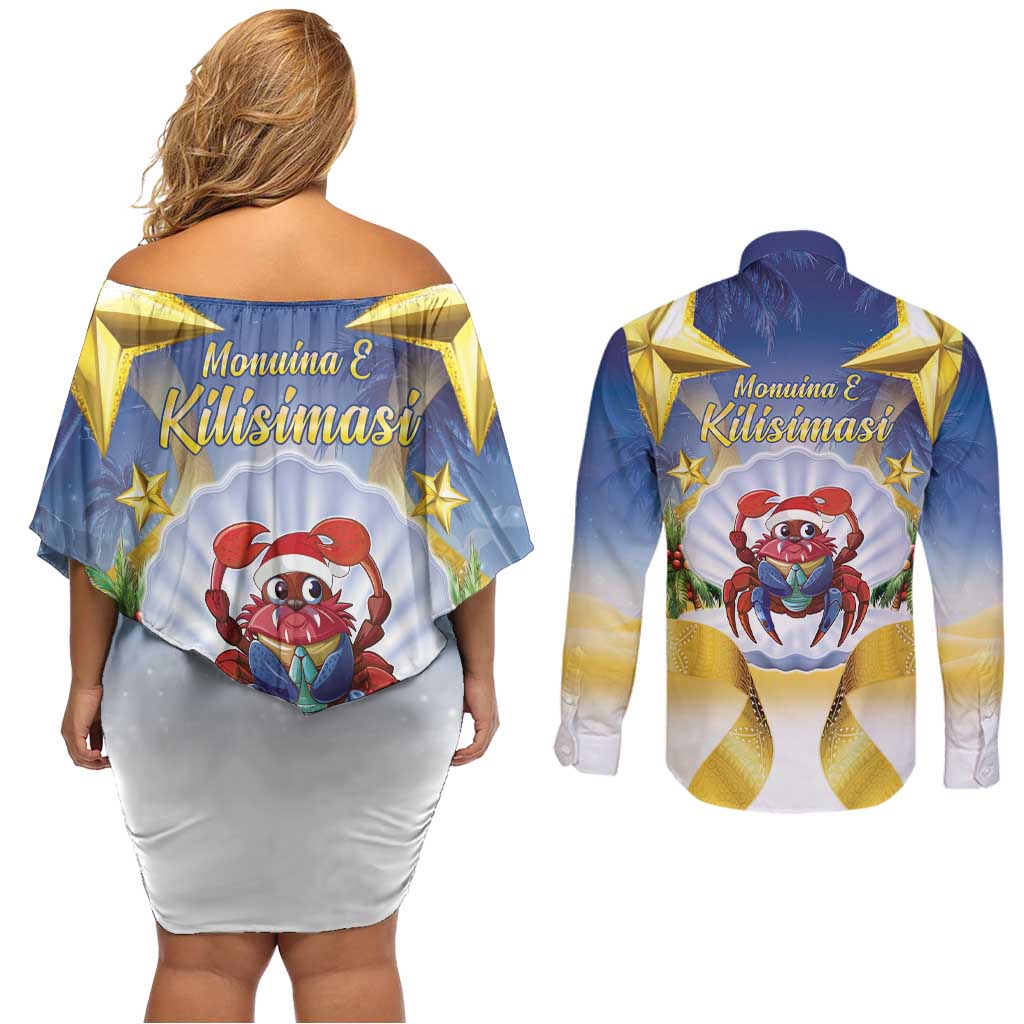 Niue Christmas Couples Matching Off Shoulder Short Dress and Long Sleeve Button Shirt Seashell Santa Beach Vibes - Polynesian Pride