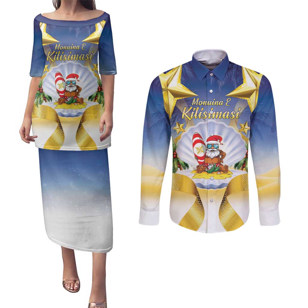 Niue Christmas Couples Matching Puletasi and Long Sleeve Button Shirt Seashell Santa Beach Vibes - Polynesian Pride