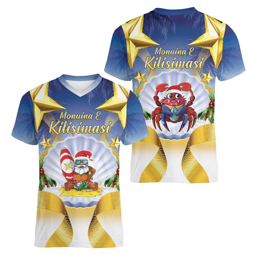 Niue Christmas Women V-Neck T-Shirt Seashell Santa Beach Vibes - Polynesian Pride