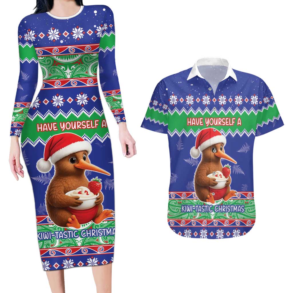 New Zealand Christmas Couples Matching Long Sleeve Bodycon Dress and Hawaiian Shirt Have Yourself A Kiwi-tastic Christmas - Polynesian Pride