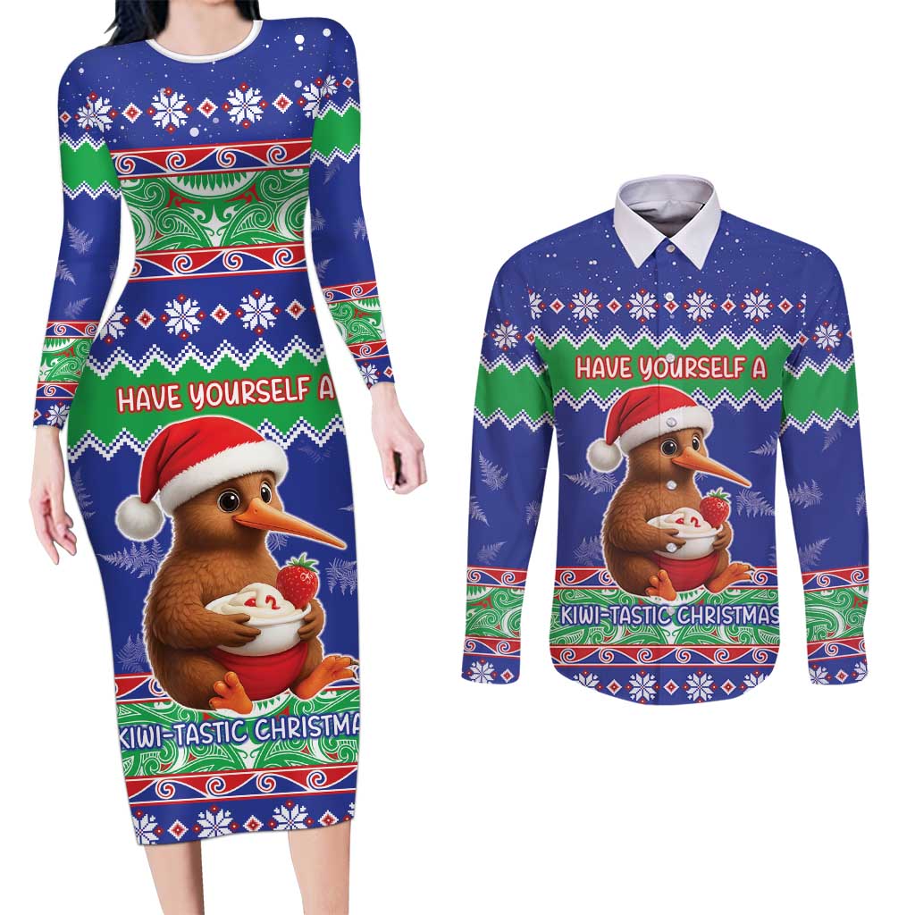 New Zealand Christmas Couples Matching Long Sleeve Bodycon Dress and Long Sleeve Button Shirt Have Yourself A Kiwi-tastic Christmas - Polynesian Pride