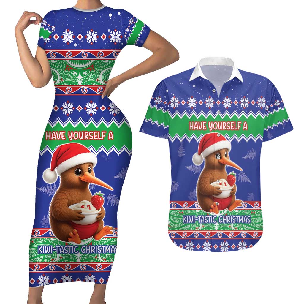 New Zealand Christmas Couples Matching Short Sleeve Bodycon Dress and Hawaiian Shirt Have Yourself A Kiwi-tastic Christmas - Polynesian Pride