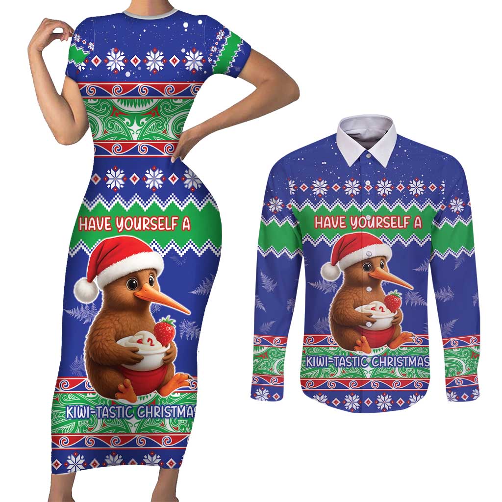 New Zealand Christmas Couples Matching Short Sleeve Bodycon Dress and Long Sleeve Button Shirt Have Yourself A Kiwi-tastic Christmas - Polynesian Pride
