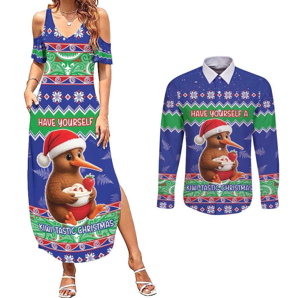 New Zealand Christmas Couples Matching Summer Maxi Dress and Long Sleeve Button Shirt Have Yourself A Kiwi-tastic Christmas - Polynesian Pride