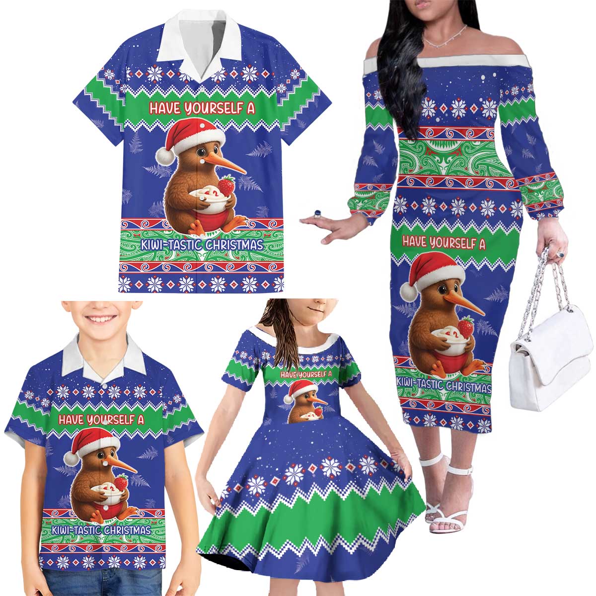 New Zealand Christmas Family Matching Off The Shoulder Long Sleeve Dress and Hawaiian Shirt Have Yourself A Kiwi-tastic Christmas - Polynesian Pride
