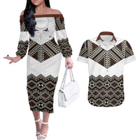 New Zealand Aotearoa Couples Matching Off The Shoulder Long Sleeve Dress and Hawaiian Shirt Taniko Art Simple Style LT05 Brown - Polynesian Pride