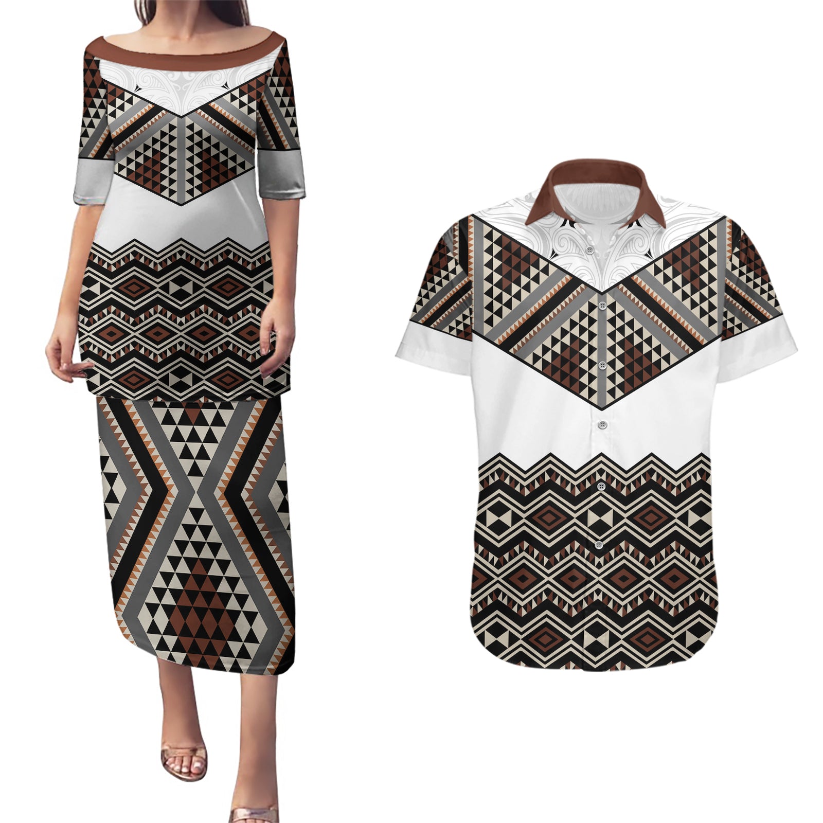 New Zealand Aotearoa Couples Matching Puletasi Dress and Hawaiian Shirt Taniko Art Simple Style LT05 Brown - Polynesian Pride