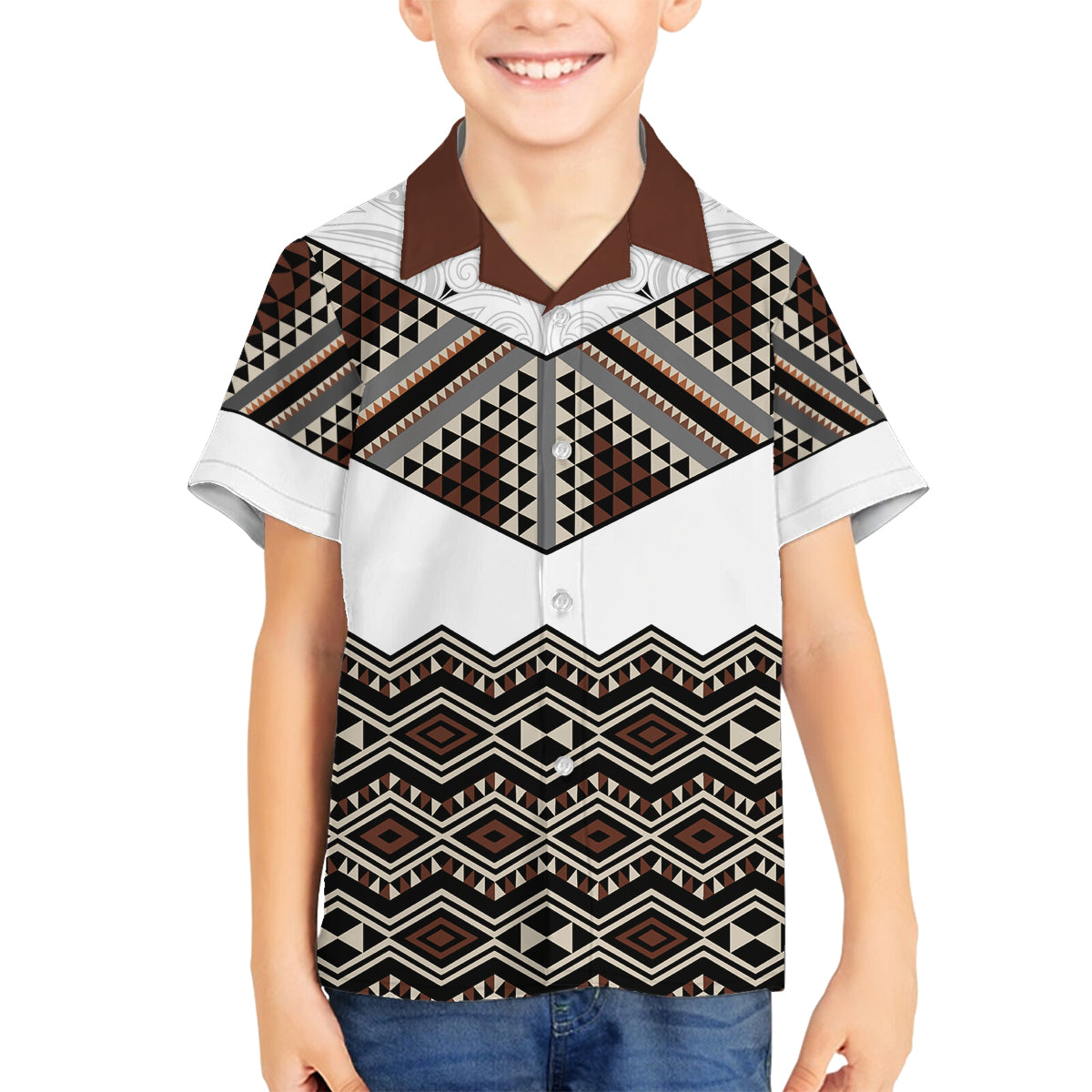New Zealand Aotearoa Family Matching Long Sleeve Bodycon Dress and Hawaiian Shirt Taniko Art Simple Style LT05 Son's Shirt Brown - Polynesian Pride