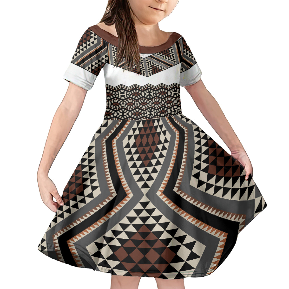 New Zealand Aotearoa Family Matching Off Shoulder Maxi Dress and Hawaiian Shirt Taniko Art Simple Style LT05 Daughter's Dress Brown - Polynesian Pride