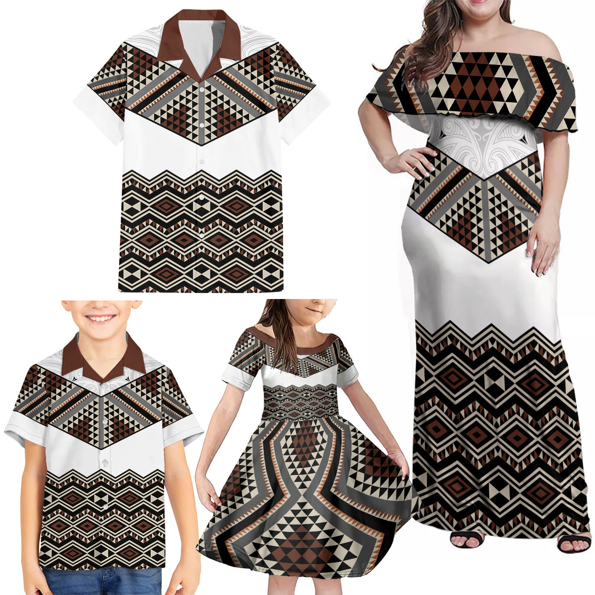 New Zealand Aotearoa Family Matching Off Shoulder Maxi Dress and Hawaiian Shirt Taniko Art Simple Style LT05 - Polynesian Pride