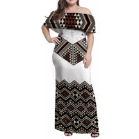 New Zealand Aotearoa Family Matching Off Shoulder Maxi Dress and Hawaiian Shirt Taniko Art Simple Style LT05 Mom's Dress Brown - Polynesian Pride