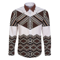 New Zealand Aotearoa Family Matching Off Shoulder Short Dress and Hawaiian Shirt Taniko Art Simple Style LT05 Dad's Shirt - Long Sleeve Brown - Polynesian Pride
