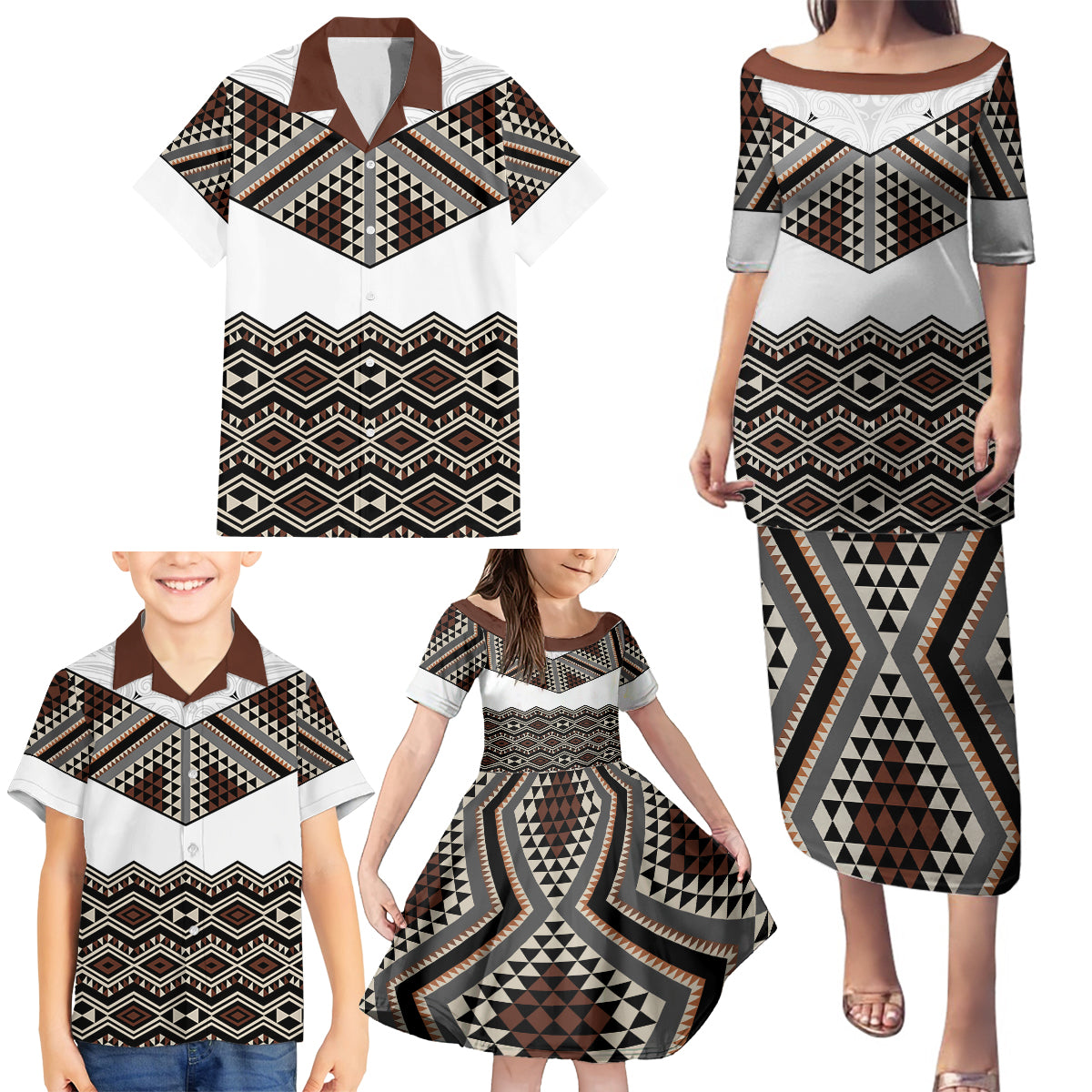 New Zealand Aotearoa Family Matching Puletasi Dress and Hawaiian Shirt Taniko Art Simple Style LT05 - Polynesian Pride