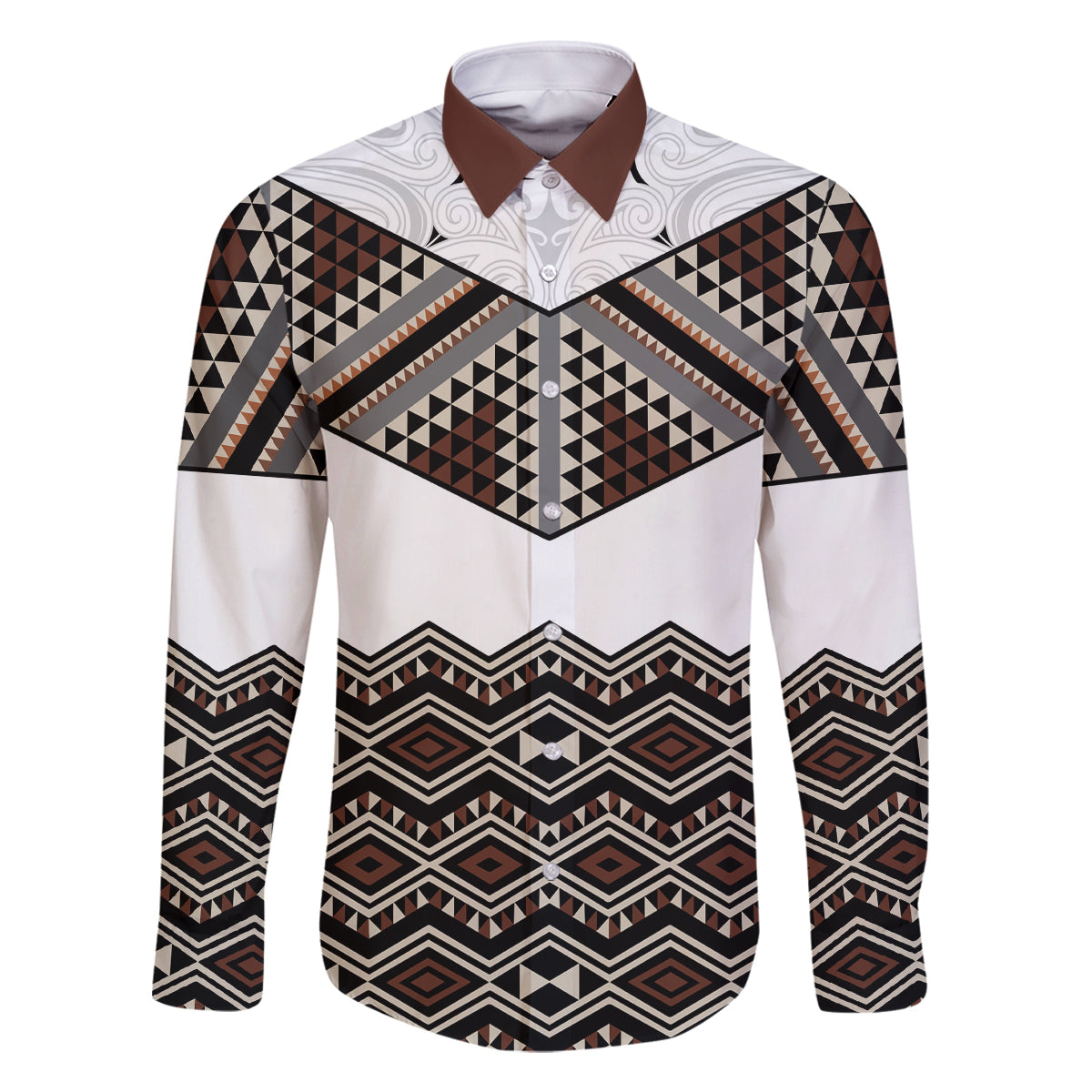 New Zealand Aotearoa Family Matching Summer Maxi Dress and Hawaiian Shirt Taniko Art Simple Style LT05 Dad's Shirt - Long Sleeve Brown - Polynesian Pride