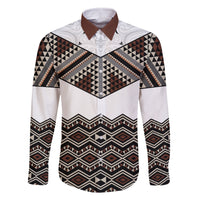 New Zealand Aotearoa Family Matching Summer Maxi Dress and Hawaiian Shirt Taniko Art Simple Style LT05 Dad's Shirt - Long Sleeve Brown - Polynesian Pride