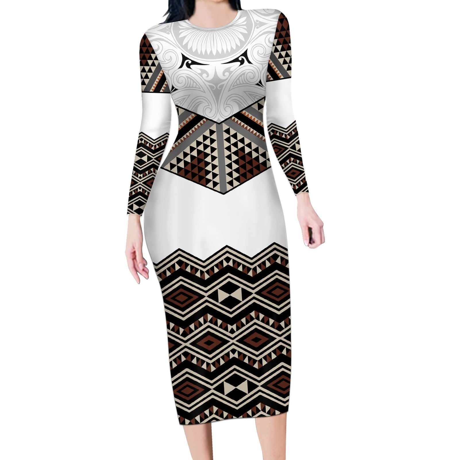New Zealand Aotearoa Long Sleeve Bodycon Dress Taniko Art Simple Style LT05 Long Dress Brown - Polynesian Pride