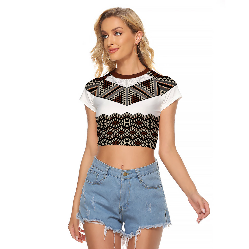 New Zealand Aotearoa Raglan Cropped T Shirt Taniko Art Simple Style LT05 Female Brown - Polynesian Pride
