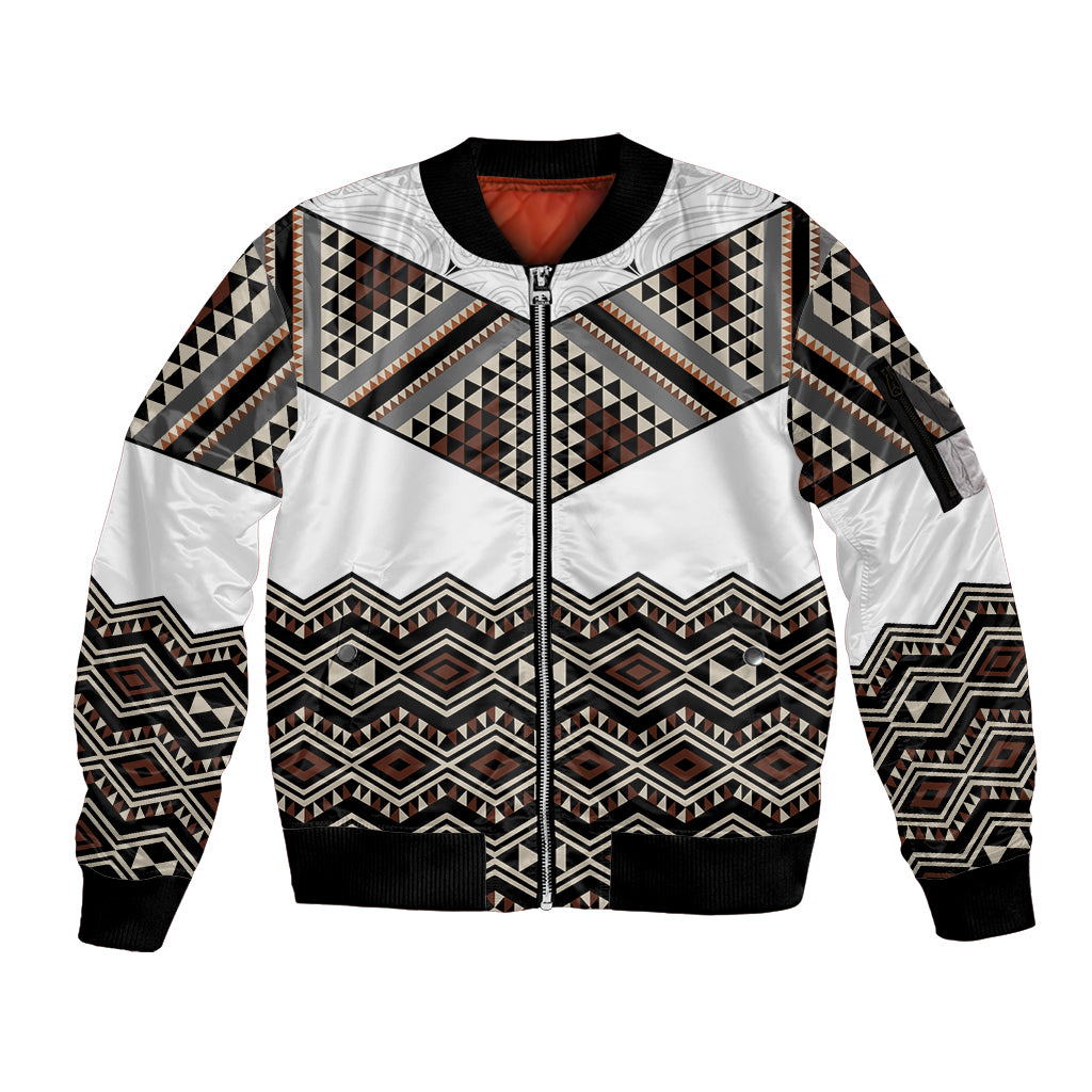 New Zealand Aotearoa Sleeve Zip Bomber Jacket Taniko Art Simple Style LT05 Unisex Brown - Polynesian Pride