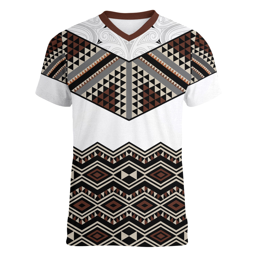 New Zealand Aotearoa Women V Neck T Shirt Taniko Art Simple Style LT05 Female Brown - Polynesian Pride
