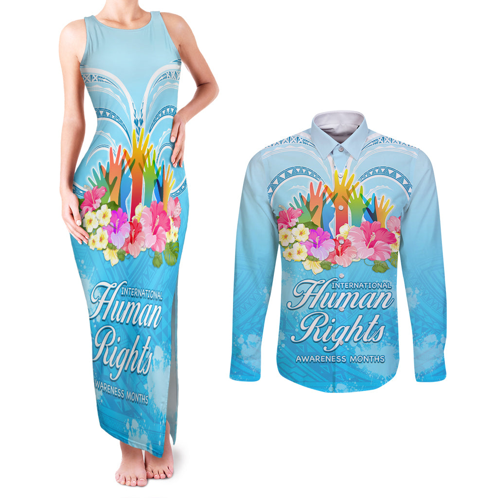 Universal Human Rights Month Couples Matching Tank Maxi Dress and Long Sleeve Button Shirt Polynesian Style LT05 Blue - Polynesian Pride