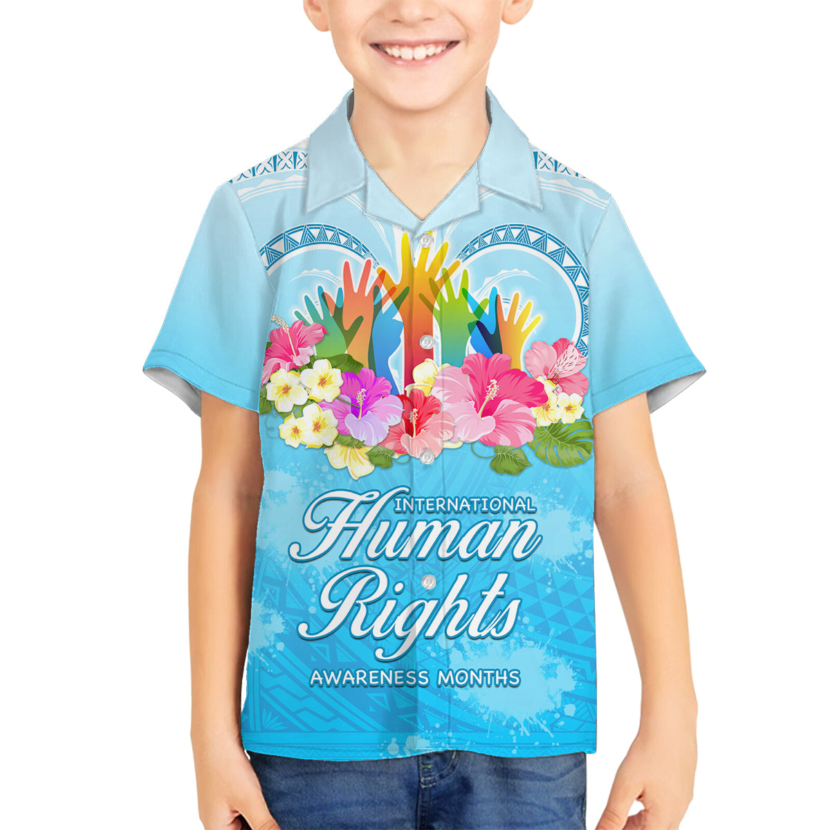 Universal Human Rights Month Family Matching Off Shoulder Short Dress and Hawaiian Shirt Polynesian Style LT05 Son's Shirt Blue - Polynesian Pride