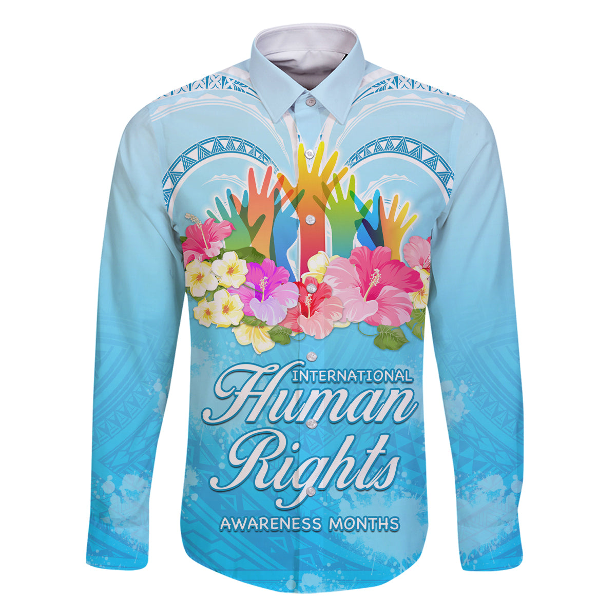 Universal Human Rights Month Family Matching Tank Maxi Dress and Hawaiian Shirt Polynesian Style LT05 Dad's Shirt - Long Sleeve Blue - Polynesian Pride