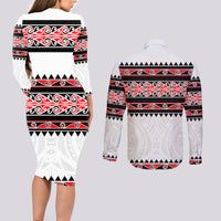 New Zealand Aotearoa Couples Matching Long Sleeve Bodycon Dress and Long Sleeve Button Shirt With Kowhaiwhai Pattern Red Version LT05 - Polynesian Pride