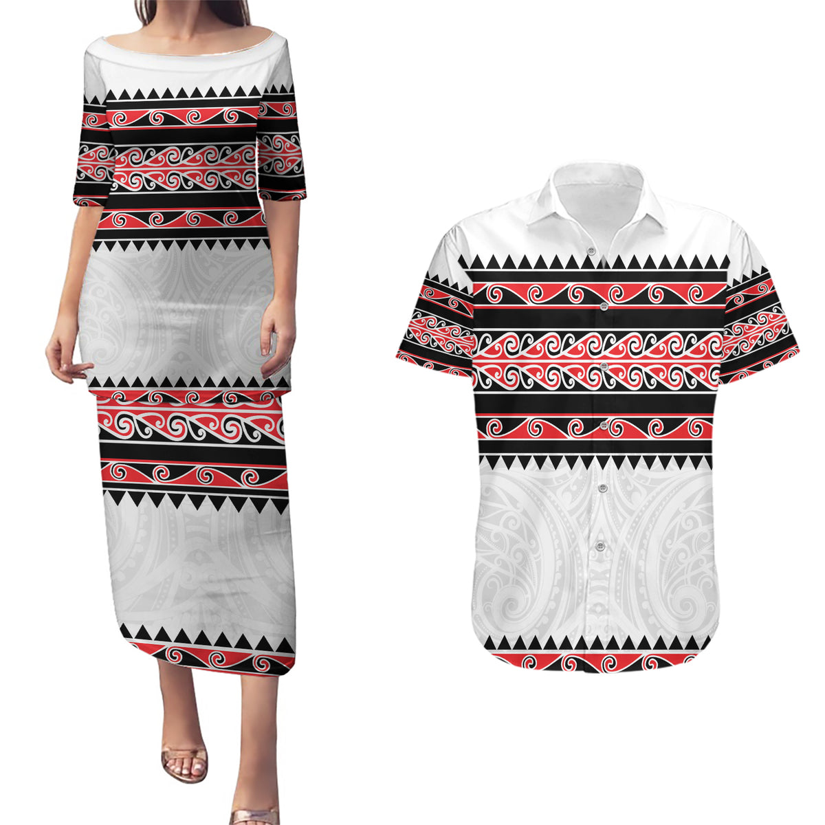 New Zealand Aotearoa Couples Matching Puletasi Dress and Hawaiian Shirt With Kowhaiwhai Pattern Red Version LT05 Red - Polynesian Pride