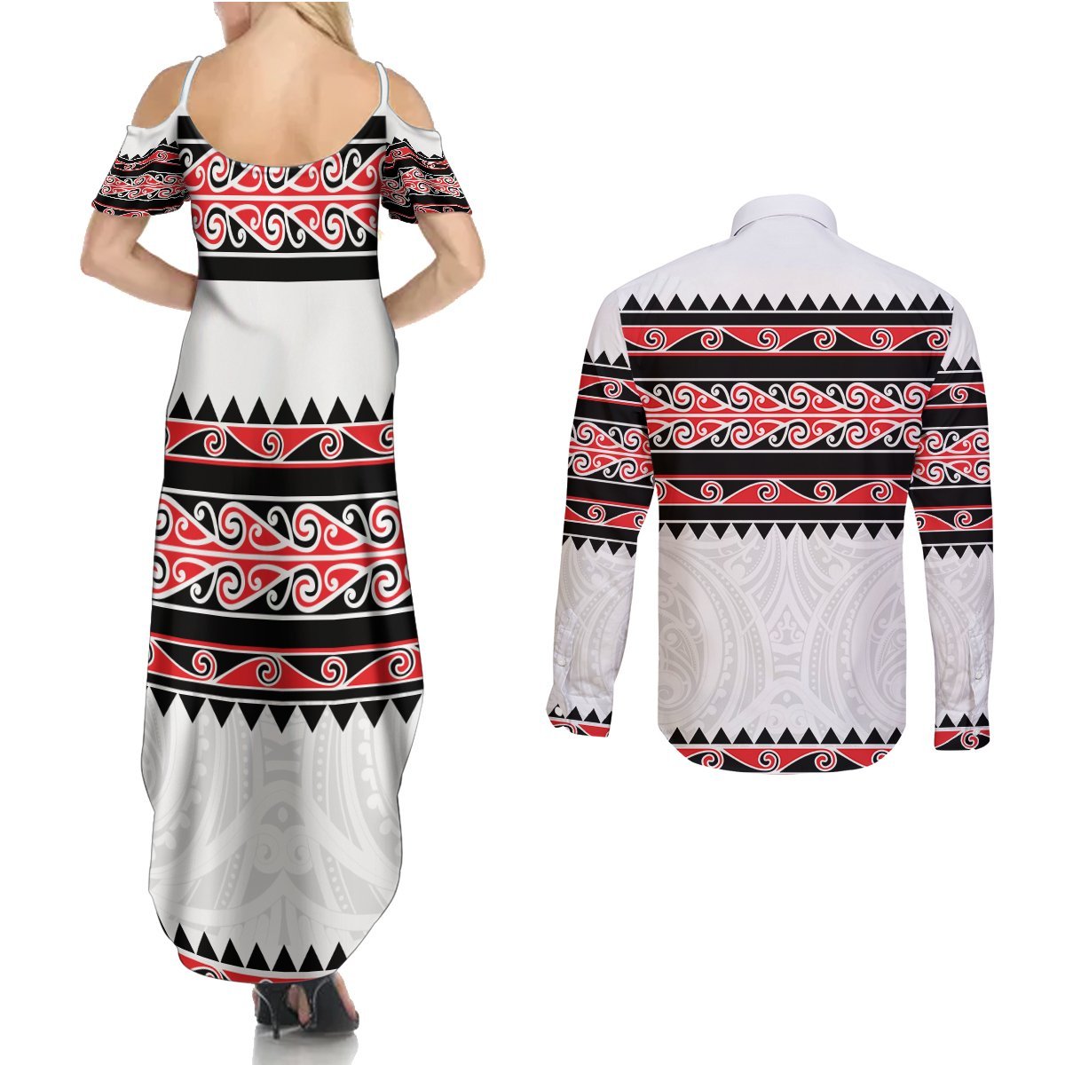 New Zealand Aotearoa Couples Matching Summer Maxi Dress and Long Sleeve Button Shirt With Kowhaiwhai Pattern Red Version LT05 - Polynesian Pride