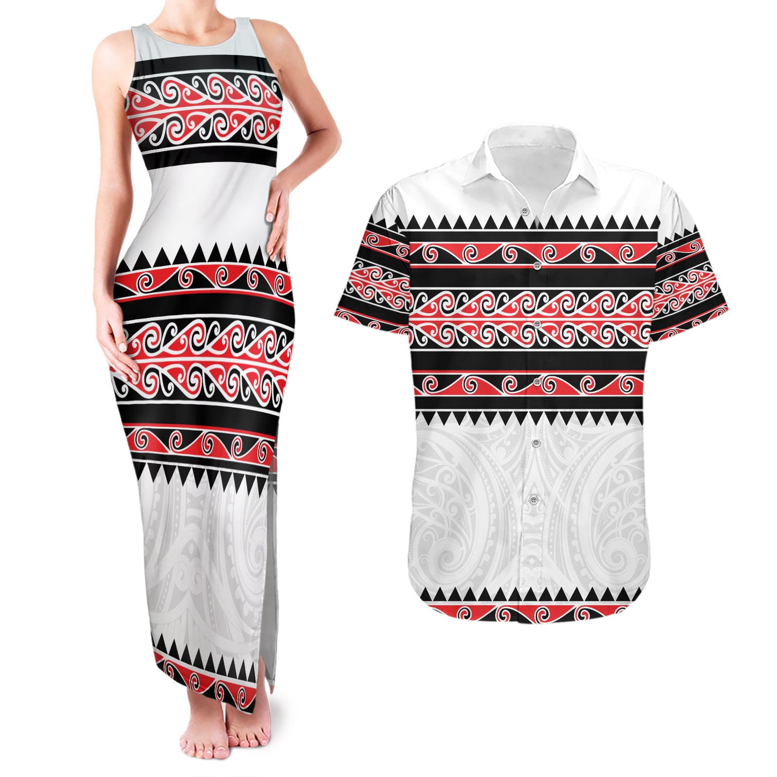 New Zealand Aotearoa Couples Matching Tank Maxi Dress and Hawaiian Shirt With Kowhaiwhai Pattern Red Version LT05 Red - Polynesian Pride