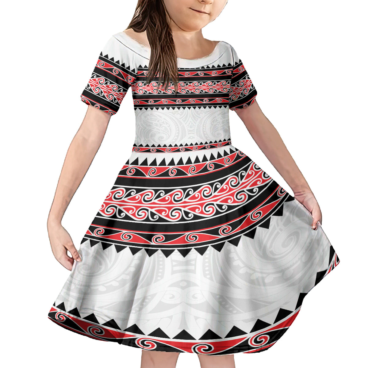 New Zealand Aotearoa Family Matching Off Shoulder Maxi Dress and Hawaiian Shirt With Kowhaiwhai Pattern Red Version LT05 Daughter's Dress Red - Polynesian Pride