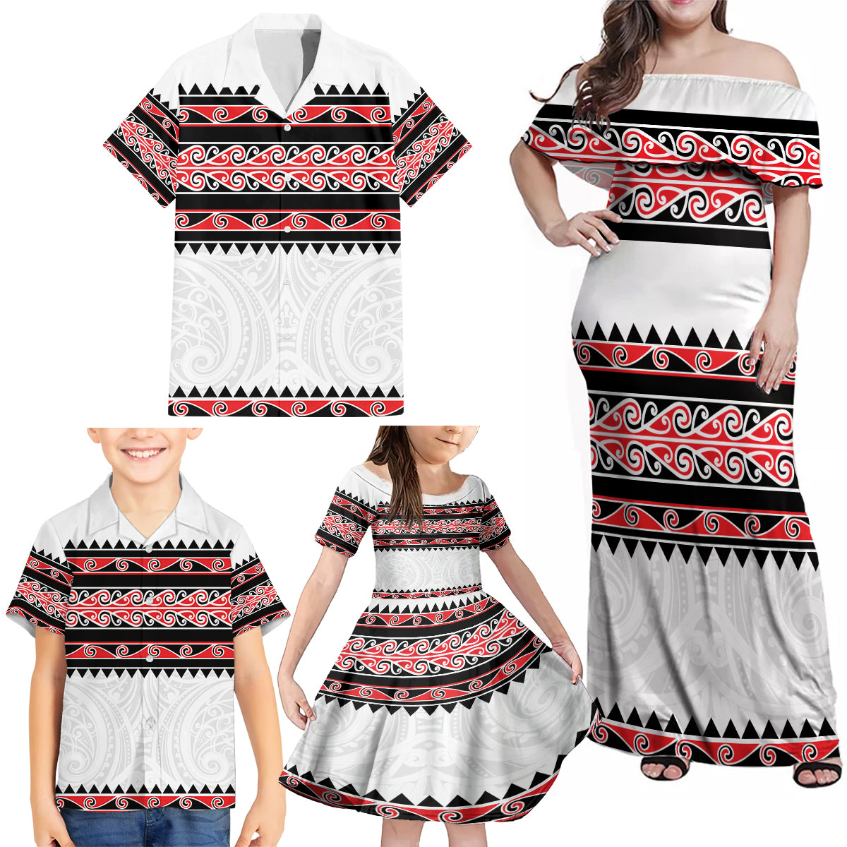 New Zealand Aotearoa Family Matching Off Shoulder Maxi Dress and Hawaiian Shirt With Kowhaiwhai Pattern Red Version LT05 - Polynesian Pride