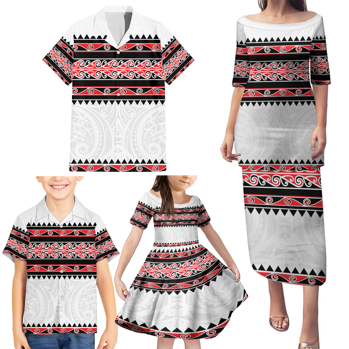 New Zealand Aotearoa Family Matching Puletasi Dress and Hawaiian Shirt With Kowhaiwhai Pattern Red Version LT05 - Polynesian Pride