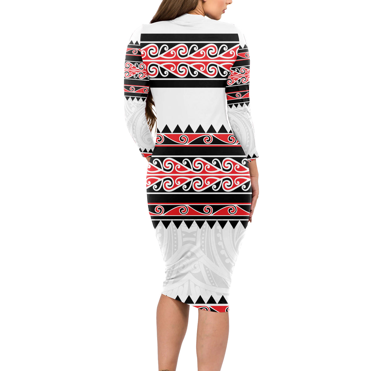 New Zealand Aotearoa Long Sleeve Bodycon Dress With Kowhaiwhai Pattern Red Version LT05 - Polynesian Pride