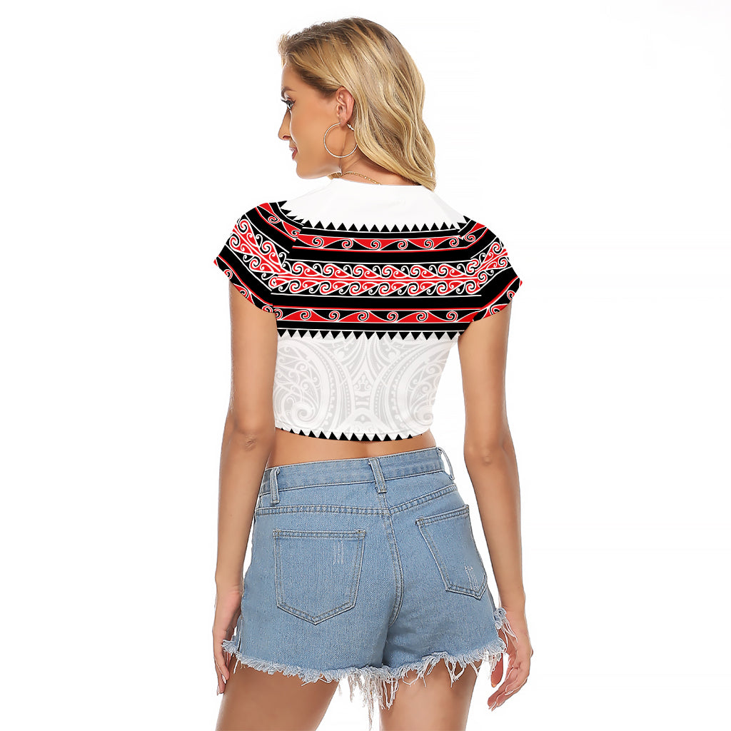New Zealand Aotearoa Raglan Cropped T Shirt With Kowhaiwhai Pattern Red Version LT05 - Polynesian Pride