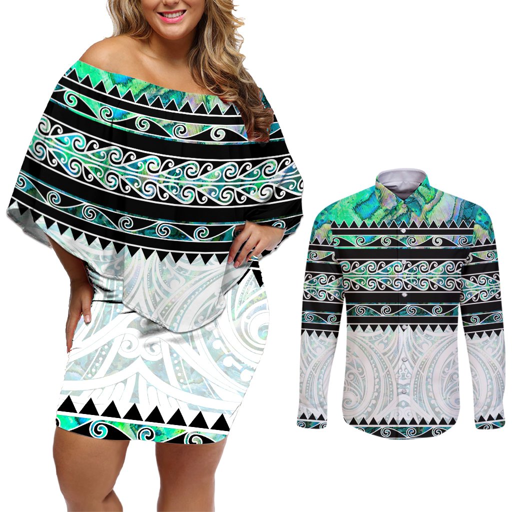 New Zealand Aotearoa Couples Matching Off Shoulder Short Dress and Long Sleeve Button Shirt With Paua Shell Kowhaiwhai Pattern LT05 Green - Polynesian Pride