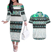 New Zealand Aotearoa Couples Matching Off The Shoulder Long Sleeve Dress and Hawaiian Shirt With Paua Shell Kowhaiwhai Pattern LT05 Green - Polynesian Pride