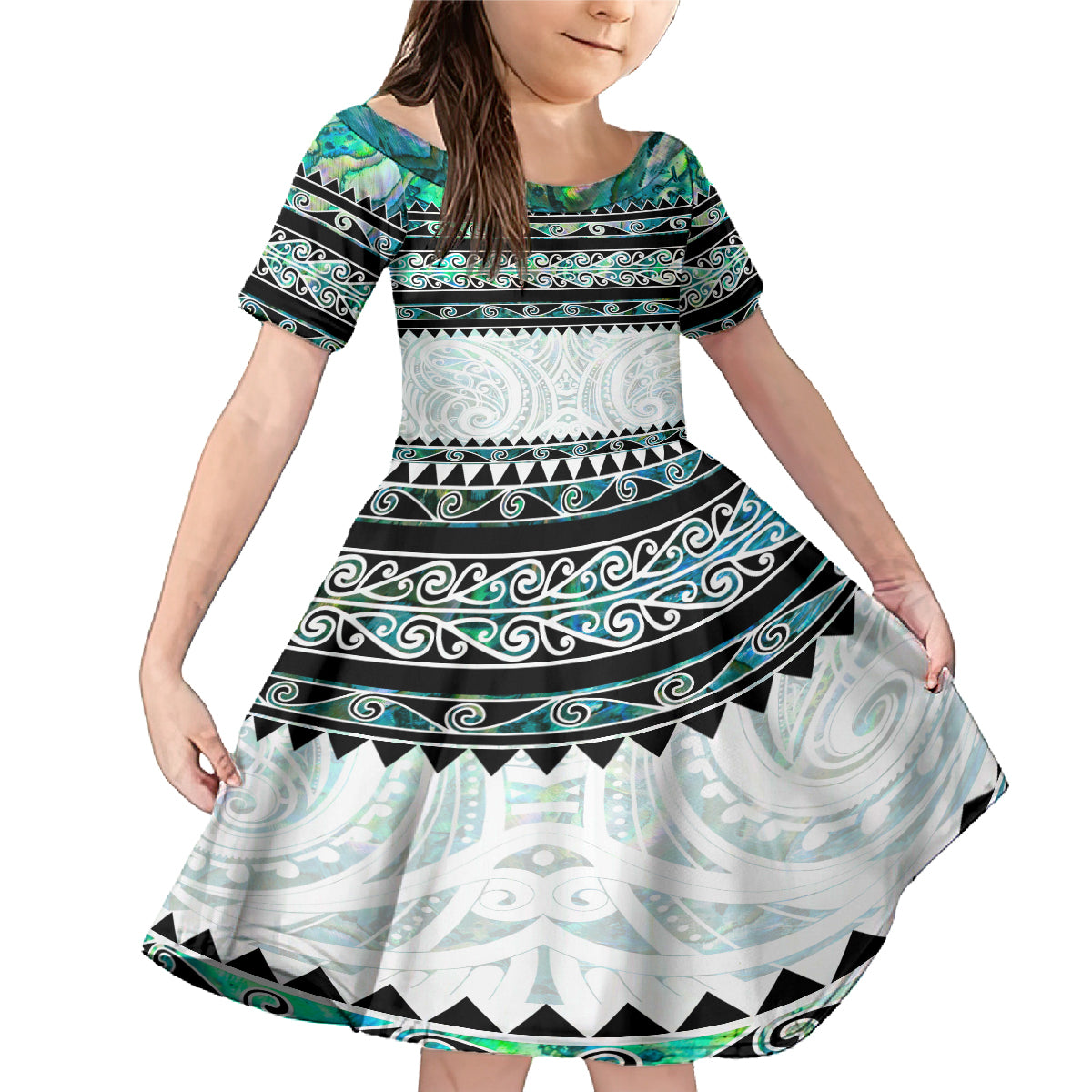 New Zealand Aotearoa Family Matching Mermaid Dress and Hawaiian Shirt With Paua Shell Kowhaiwhai Pattern LT05 Daughter's Dress Green - Polynesian Pride