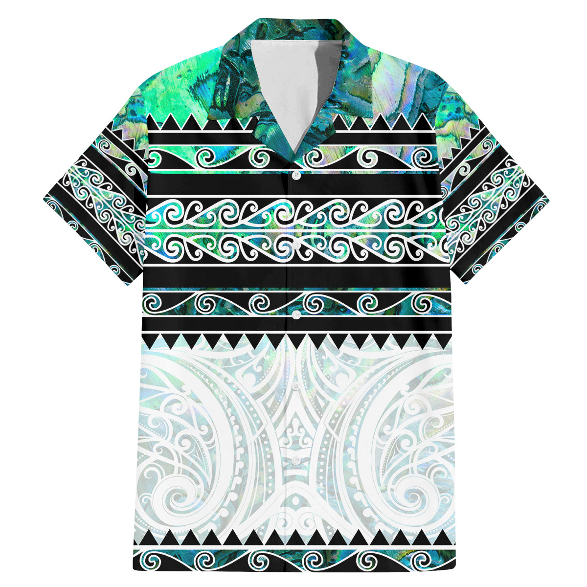 New Zealand Aotearoa Family Matching Mermaid Dress and Hawaiian Shirt With Paua Shell Kowhaiwhai Pattern LT05 Dad's Shirt - Short Sleeve Green - Polynesian Pride