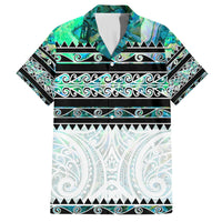 New Zealand Aotearoa Family Matching Off Shoulder Maxi Dress and Hawaiian Shirt With Paua Shell Kowhaiwhai Pattern LT05 Dad's Shirt - Short Sleeve Green - Polynesian Pride