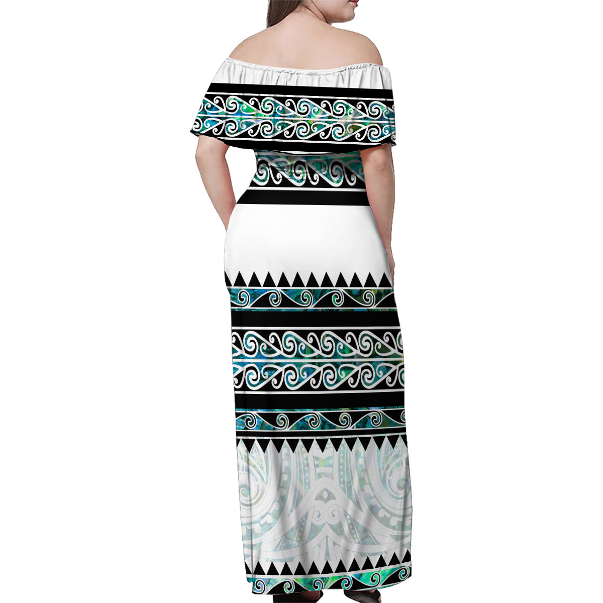 New Zealand Aotearoa Family Matching Off Shoulder Maxi Dress and Hawaiian Shirt With Paua Shell Kowhaiwhai Pattern LT05 - Polynesian Pride
