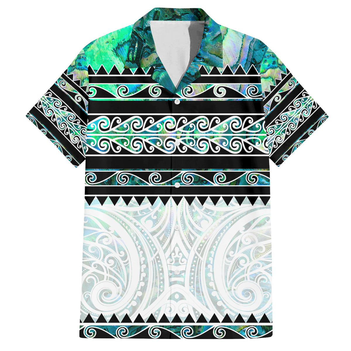 New Zealand Aotearoa Family Matching Puletasi Dress and Hawaiian Shirt With Paua Shell Kowhaiwhai Pattern LT05 Dad's Shirt - Short Sleeve Green - Polynesian Pride