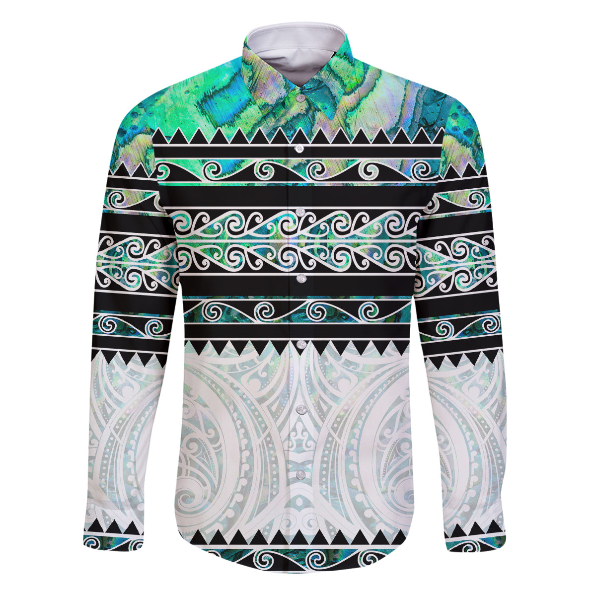 New Zealand Aotearoa Family Matching Puletasi Dress and Hawaiian Shirt With Paua Shell Kowhaiwhai Pattern LT05 Dad's Shirt - Long Sleeve Green - Polynesian Pride