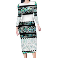 New Zealand Aotearoa Long Sleeve Bodycon Dress With Paua Shell Kowhaiwhai Pattern LT05 Long Dress Green - Polynesian Pride