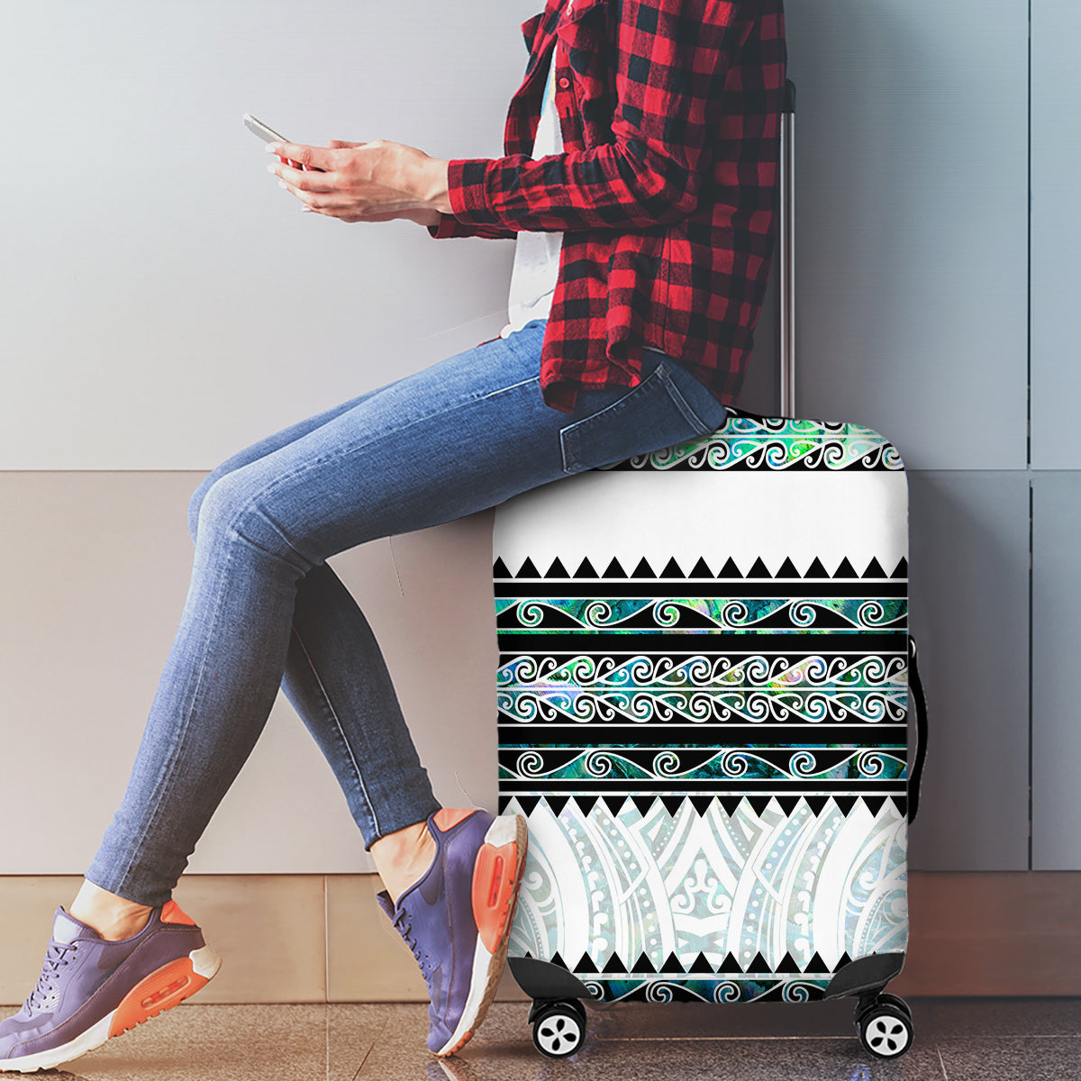 New Zealand Aotearoa Luggage Cover With Paua Shell Kowhaiwhai Pattern LT05 - Polynesian Pride